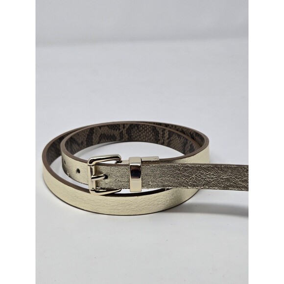 GOLD METALLIC FAUX LEATHER & FAUX SNAKESKIN REVERSIBLE BELT GOLD BUCKLE WOMEN OS - Picture 1 of 12